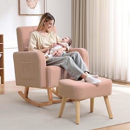 Rocking Nursery Chair with Ottoman, Upholstered Glider Rocker with High Backrest and Side Pocket, Comfy Reading Chair with Solid Wood Legs for Nursery, Living Room,Bedroom Coffee