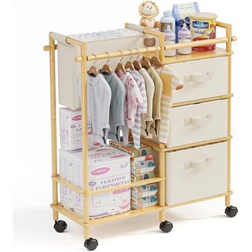 Bamboo Baby Diaper Caddy Organizer Cart – 3 Tier Rolling Cart with Dividers & Removable Drawers - Bedside Diaper Cart for Baby Supplies Storage, Nursery, Bedroom, Changing Table & Crib