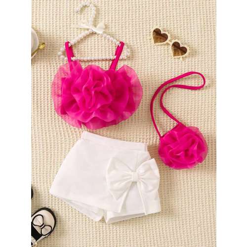 Baby Girl 3pcs/Set Hot Pink Flower Print Top With Crossbody Bag, Fun Print Elegant Everyday Outfit For Spring And Summer | SHEIN USA