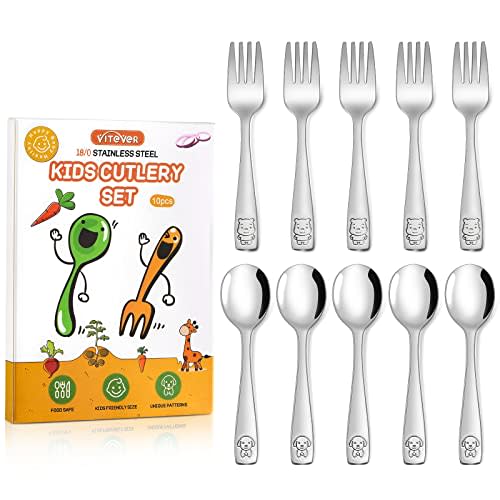 VITEVER 10-Piece Toddler Utensils, Kids Stainless Steel Silverware Set, Children Safe Forks and Spoons - Mirror Polished, Dishwasher Safe