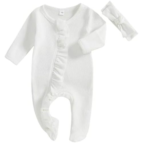 Newborn Baby Girl Clothes Waffle Footie Romper Long Sleeve Ruffle Zipper Jumpsuit Headband Coming Home Outfit