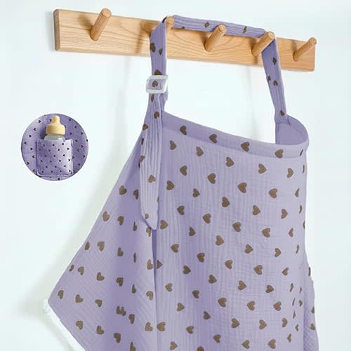 Muslin Nursing Covers for Breastfeeding, Arch Neckline Breast Feeding Covers for Women, Moms Privacy Breathable Summer Nursing Apron, 43.3" x 25.6" Soft Feeding Cover (Violet Purple Heart)