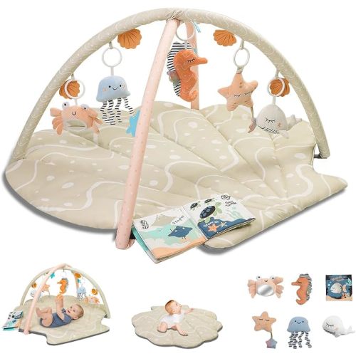 Baby Play Mat, Oversize Shell Tummy Time Mat with 6 Detachable Baby Activity Toys, Baby Gyms & Playmats for Babies 0-12 Months, Baby Essentials Mat for Floor Newborn Baby Shower Gifts (Beige)