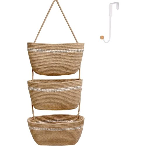 Over the Door Hanging Basket for Organizing 3 Tiers Woven Cotton Rope Wall Mount Storage basket Decorative Kitchen Hanging Organizer Bathroom include 1door hook Flaxen