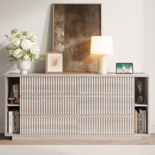 Wrought Studio™ Fluted 6 Drawer Dresser with Shelves, 63'' Wide 17.7'' Depth Large Chest of Drawers for Bedroom, Modern TV Stand, Wood Closet Storage Organizer for Living Room, Dark Walnut | Wayfair