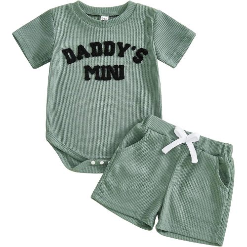 Kupretty Baby Boy Clothes 3 6 12 18 Months Summer Outfit Daddy's Mini Embroidery Waffle Short Sleeve Romper & Shorts Set (Daddy's mini-Green, 3-6 Months)