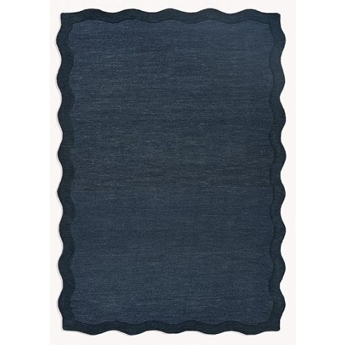 Scalloped Hand-Tufted Wool Area Rug – Thick, Soft, Plain Textured Carpet for Living Room, Bedroom, – Wavy Edge Accent Rugs with Cotton Backing (Navy Blue, 6' x 9')