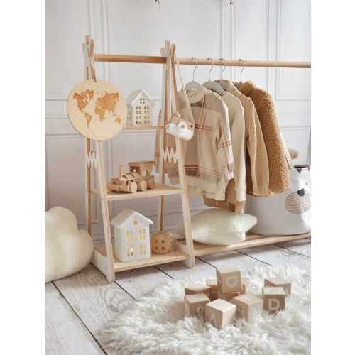 Montessori Wardrobe, Kids Clothing Rack, Wood Clothing Frame Rack Dress Up, Display Kids Wardrobe, Baby Clothes Storage Child Size Furniture