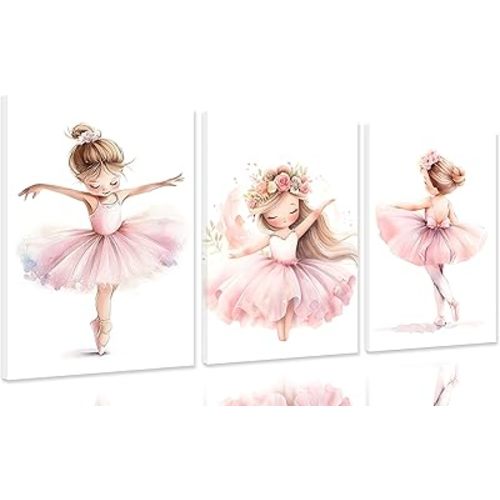 3 Pcs Cute Grace Little Girls Ballerinas Canvas Wall Art Charming Pink Girl Ballet Skirt Picture Wall Decor Ballet Dancer Girl Poster Print Paintings for Kids Room Baby Girl Room Home Decoration