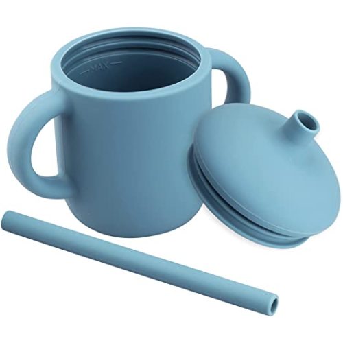 Baby Trainer Cup, Silicone Training Cup with Handles Lid and Straw, BPA-Free, Unbreakable, Spill Proof and Non-Slip Handles Sippy Cup for Toddlers, 5 oz (Ether)