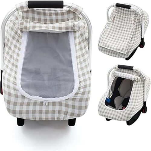 Muslin Car Seat Cover Baby, Summer Infant Carseat Covers with Breathable Window, Lightweight Car Seat Sun Shade Cover for Girls Boys, Fit Spring Summer (Brown)