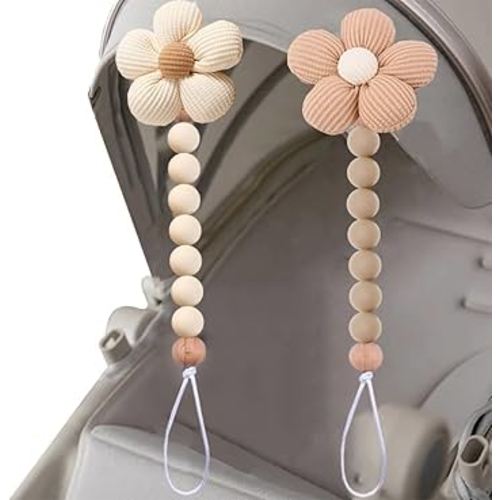 2pcs Flower Pacifier Clip, Silicone Bead Pacifier Clip for Baby Girls and Boys with Beige Brown Color Daisy Birthday Christmas Gift