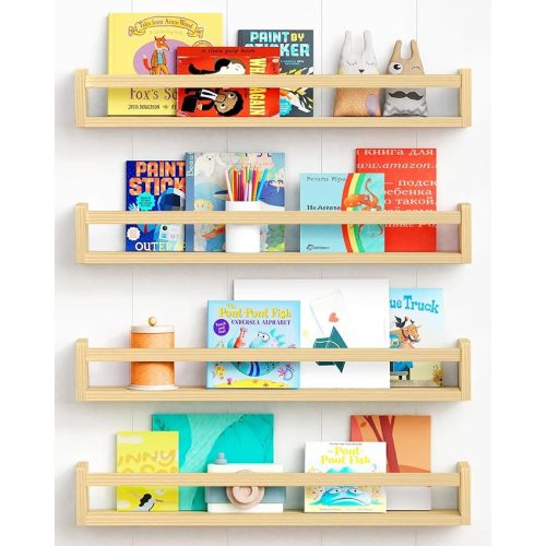 Forbena Natural Wood Nursery Bookshelves for Wall, 24 Inches Long Floating Book Shelves, Wall Mounted Bookcase for Baby Teen Girl Boy Kids Room Bedroom, Playroom Organizer, Bathroom Decor (4-Pack)