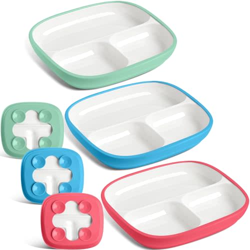Domensi 3 Set Kids Porcelain Plates with Silicone Sleeves 8.2 Inch Divided Porcelain Plate Toddler White Suction Dishes for Baby Troubleless Eating Microwave Dishwasher Safe (Bright)