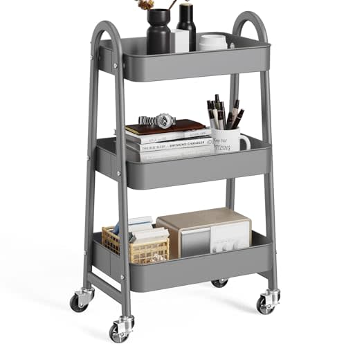 OLIXIS 3 Tier Utility Rolling Cart, Metal Mobile Storage Shelf with Lockable Caster Wheels, Organization for Livingroom, Bathroom & Narrow Places, Gray