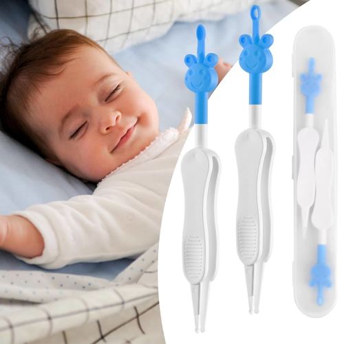 Baby Nose and Ear Cleaner Tool 3 in 1 Nose Cleaning Tweezers Baby Boogie Nose Picker Dual Earwax and Snot Removal Safe & Easy Infant Booger Picker for Sticky & Dried Boogers (Blue)