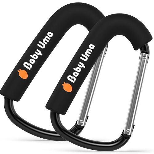 Baby Uma XL Carabiner Clips Heavy Duty (2 Pack) - Universal Stroller Hooks, Carry 11 lbs per Large Carabiner Clip, Stroller Clips and Hooks, Carabiner Large, Stroller Accessories for Mom - Black & Silver XL