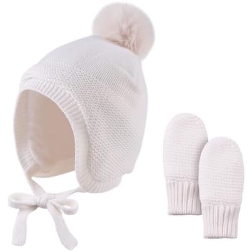 Basic Winter Baby Beanie Gloves Boys Girls Knitted Hat Pompom Kids Earflap Hats Warm Infant Toddler Beanie Mittens Set
