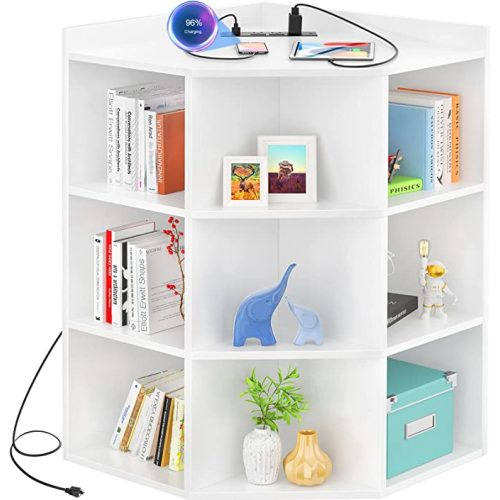 Aheaplus Corner Cabinet, White Corner Storage with USB Ports and Outlets, Corners Cube Toy Storage for Small Space, Wooden Cubby Corner Bookshelf with 9 Cubes for Bedroom, Living Room, Office, White