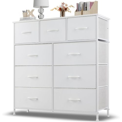 9 Drawer Dresser, Wide Chest Of Drawers Nightstand Storage Tower Storage Dresser Fabric Dresser With Wood Top for Living Room, Bedroom, Hallway, Nursery, White