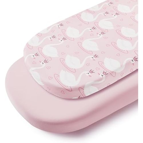 TILLYOU Baby Bassinet Sheets for Girls Boys, Fit for Hourglass Oval Rectangle Bassinet Mattress Sheets, 33”X16”, 2 Pack Swan Dance and Pink