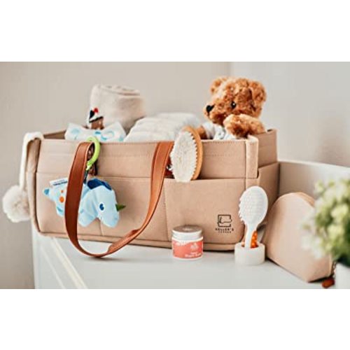 Keller's Corner Baby Diaper Caddy Organizer Beige Large & Small Pouch/Portable Holder Bag for Changing Table & Car/Nursery Storage Bin/Newborn Essentials Must Have
