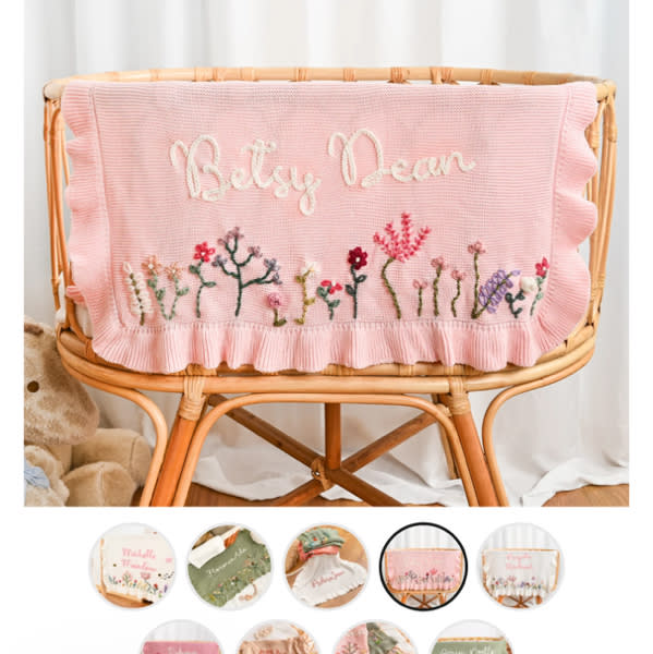 Hand Embroidered Floral Baby Name Blanket – Personalized Knit Newborn – KnittyBaby