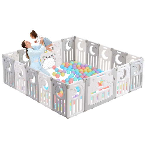 Foldable Baby Playpen, 18 Panel Play Pen for Babies and Toddlers,39 Sq.ft of Play Pen,Custom Shape,Easy Storage,Play Yard for Babies Safety,36.9lb,Grey White
