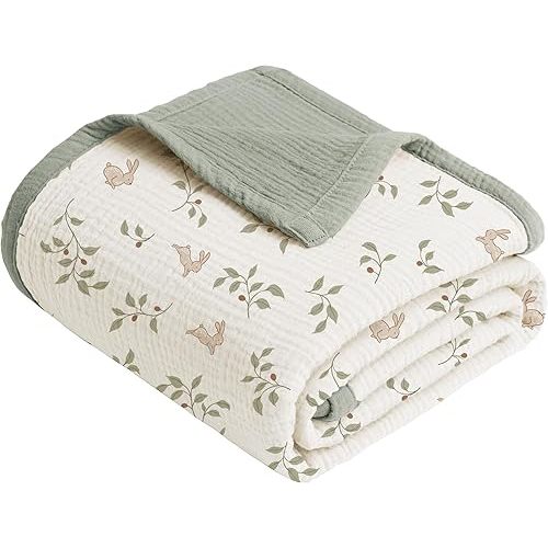 Konssy Muslin Baby Blankets, 100% Cotton Quilt Blankets for Baby Infant Toddler, Soft and Lightweight Nursery Crib Blanket for Baby Boys and Girls 43"x40" (Rabbit)
