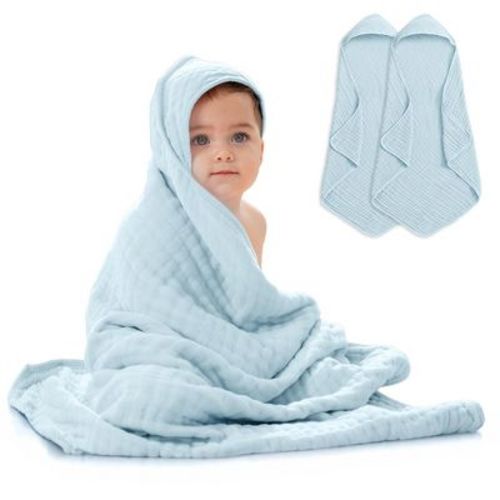 Comfy Cubs Hooded Baby Towels - 6 Layer, 100% Muslin Cotton - Large 32 x 32 Inch - 2-Pack, Sky Blue