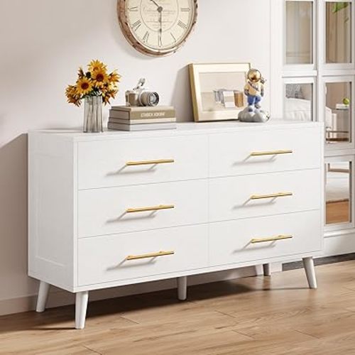 Aiho 6 Drawer Dresser for Bedroom, Chest of Drawers with Metal Handles, Wood Storage Modern Dresser for Nursery, Living Room, Entryway, White
