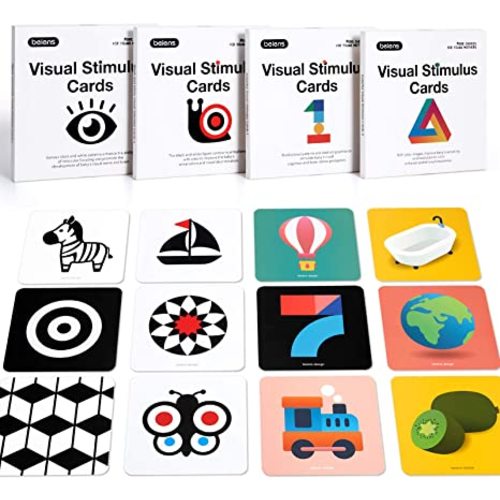 beiens High Contrast Baby Flashcard, 80 PCs 160 Page Black White Colorful Visual Stimulation Learning Activity Card for Babies Ages 0-3-6-12-36 Months, 5.5'' x 5.5'' Newborn Infants Toys Gift - 4 in 1 Visual Stimulation Cards