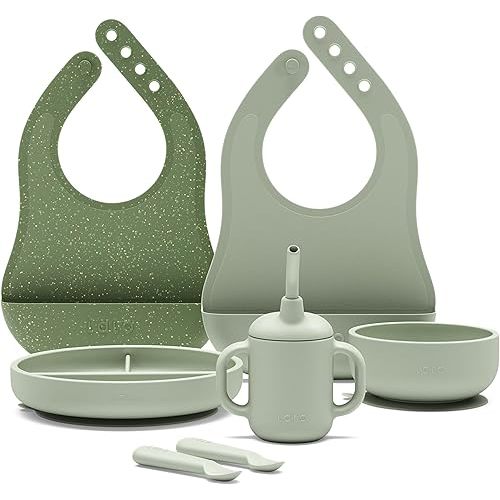Lalo First Bites Silicone Baby Feeding Set - Baby Led Weaning Supplies - Non-Toxic Silicone - Includes 2 Bibs, 2 Spoons, Training Cup, Suction Plate and Bowl - 6 Pieces - Sage