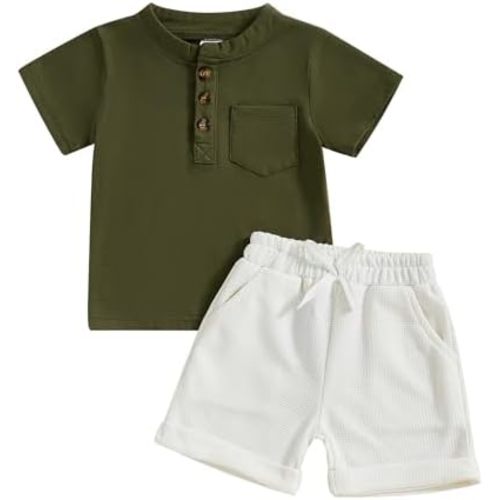 Lamuusaa Toddler Baby Boy Outfits Short Sleeve Basic T-shirt Waffle Solid Color Casual Jogger Shorts Summer Clothes 6M-4T
