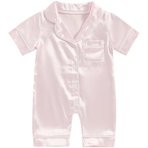 Multitrust Newborn Baby Girl Boy Silk Pajamas Rompers Button Down Short Sleeve Satin Infant Pjs One Piece Jumpsuit Shorts