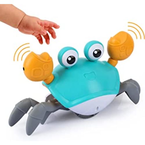 Crawling Crab Baby Toys with Music & Light, Tummy Time Interactive Toddler Toy Automatically Avoid Obstacles for Boys or Girls (Blue)