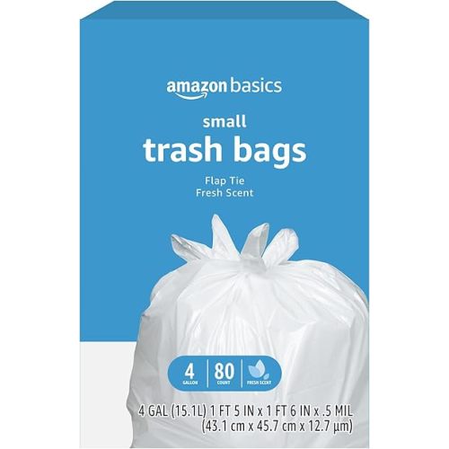 Amazon Basics Small 4 Gallon Trash Bags with Flap Ties, Fresh Scent, Odor Control, 0.5 mil Thick, 80 Count
