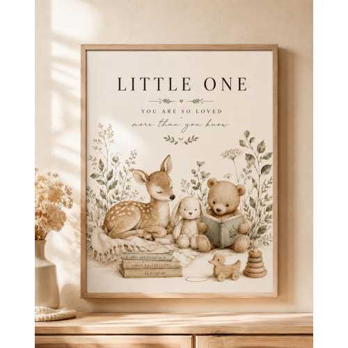 Nursery Wall Art Print, Woodland Animals Watercolour, Little One Quote, Neutral Baby Room Decor, Scandinavian Style, Baby Shower Gift