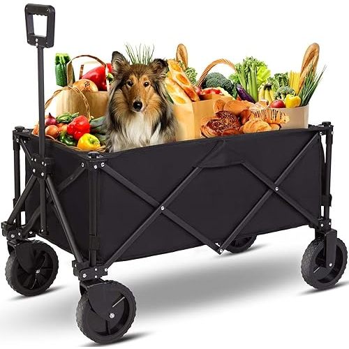 Foldable Wagon Collapsible Folding Cart: Portable Utility Pull Carts with All Terrain Wheel Multipurpose Heavy Duty Wagons for Outdoor Wide Camping Beach Sand Fishing Black