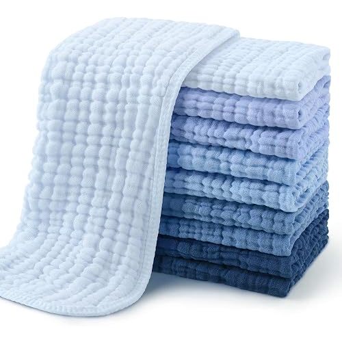 Yoofoss Muslin Burp Cloths for Baby 10 Pack 100% Cotton Baby Washcloths for Boys Girls Large 20''X10'' Super Soft and Absorbent Progressive Blue