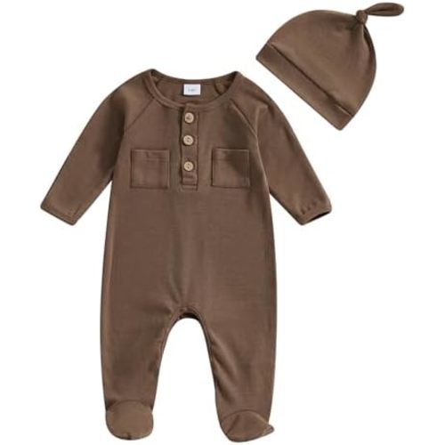 Newborn Baby Boy Girl Footies Romper Solid Button Long Sleeve Footed One-Piece Jumpsuit with Hat Coming Home Outfit