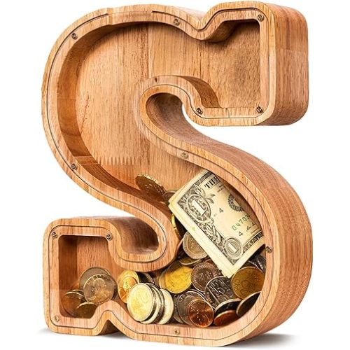 ELX Wooden Piggy Bank for Kids Boys, Personalized Letter Money Bank, Safe & Durable Savings Box for Toddlers Girls, Gifts for Birthday Holiday Christmas
