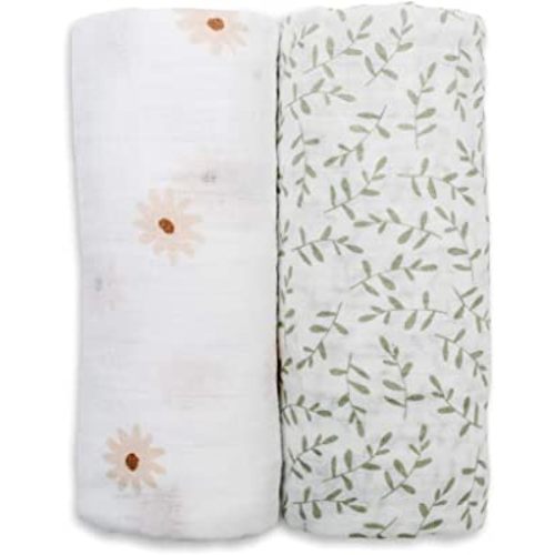 lulujo Boho Swaddle Set, Cotton Muslin Blankets, 2 Pack (Daisies & Greenery)