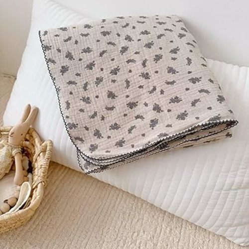 BuLuTu Shabby Chic Floral Baby Blanket 47x51 Inch, Double-Layer Muslin Cotton Blanket for Toddler Girls Boys, 100% Cotton Large Baby Quilt, Blue Orchid Print Nursery Blankets