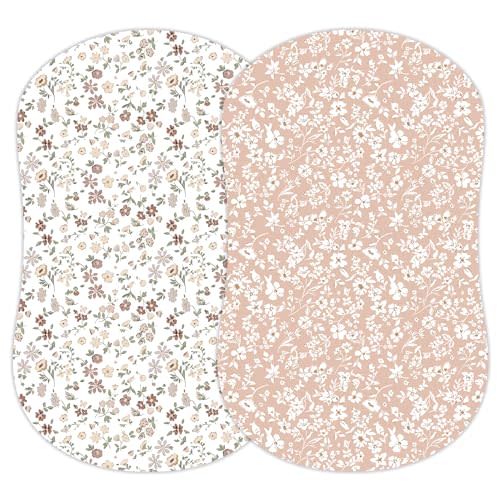 Sorrel + Fern Baby Bassinet Sheets Girl (Fleurette) 2-Pack - Fitted Bedside Bassinet Sheets - Buttery Soft Cotton Blend for Standard Bassinet Mattress Pad - Compatible with Halo Bassinest