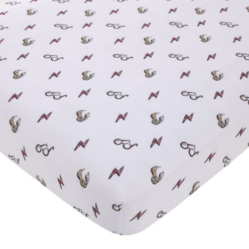 NoJo Warner Bros. Harry Potter White, Red, and Gold Lightning Bolt, Golden Snitch, and Glasses Nursery Fitted Crib Sheet