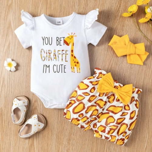 PatPat Baby Girl Romper and Shorts with Headband Outfits Set, Sizes 3-6 Months