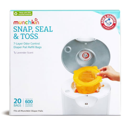 Munchkin® Arm & Hammer Diaper Pail Snap, Seal & Toss™ Refill Bags, Holds up to 600 Newborn Diapers, 20 Pack