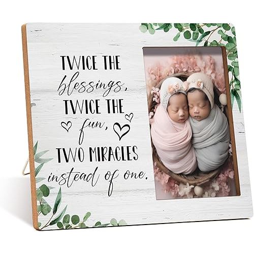 Twins Photo Frame - Twice The Blessings Twice The Fun Pregnancy Announcement Picture Frame - Baby Twin Gifts - Twin Boys Girls Gift For Babies, Twins Gifts For Mom -B04