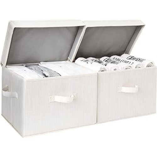 StorageWorks Fabric Storage Bins with lid, Decorative Boxes for Shelves, Closet Organizer Basket with Handles, Large, Mixing of Beige, White & Ivory, 2-Pack